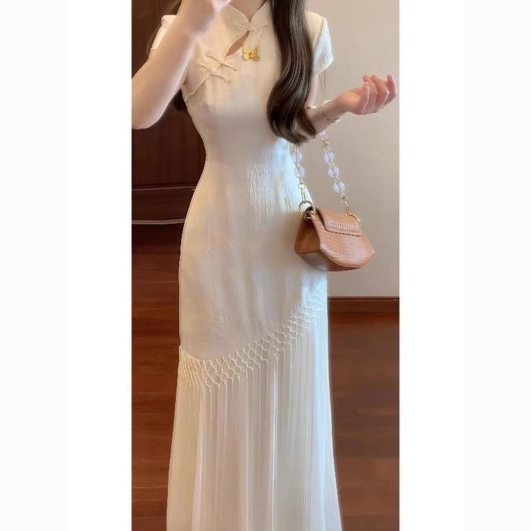 Chinese-Style Cheongsam Dress for Women | Elegant Cream Qipao thumbnail 5