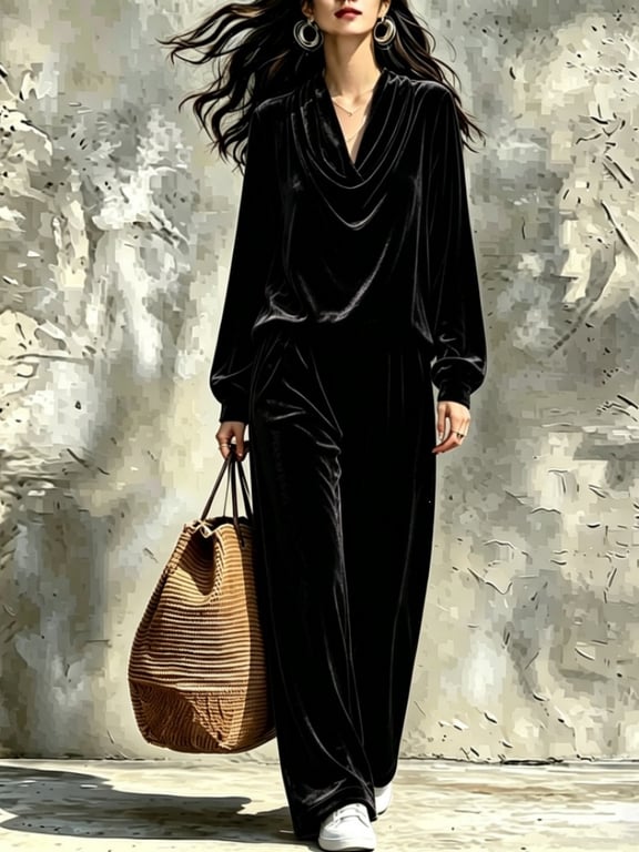 Women's Fall Winter Drop-Shoulder Velvet Top & Straight-Leg Pants Set thumbnail 6
