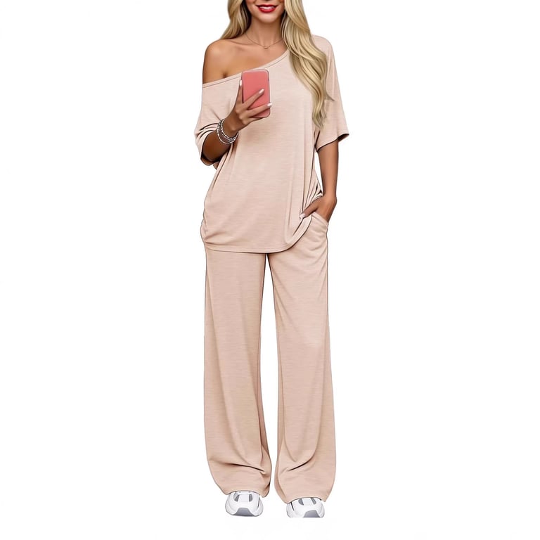 Off-Shoulder Loose Two-Piece Set | Wide-Leg Pants & Casual Top thumbnail 9