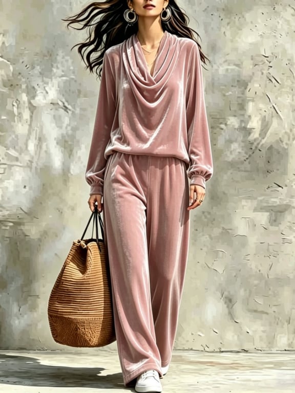Women's Fall Winter Drop-Shoulder Velvet Top & Straight-Leg Pants Set thumbnail 16