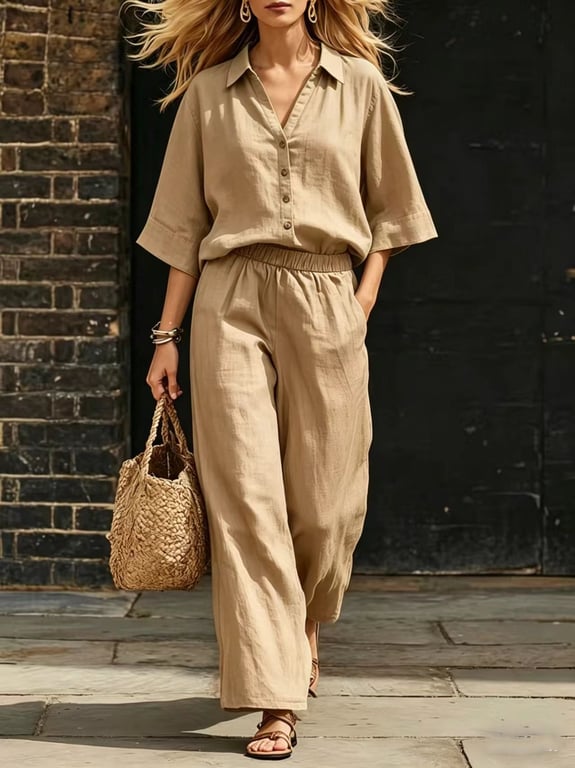 Women's Linen Two-Piece Set | Short-Sleeve Shirt & Loose Pants thumbnail 14