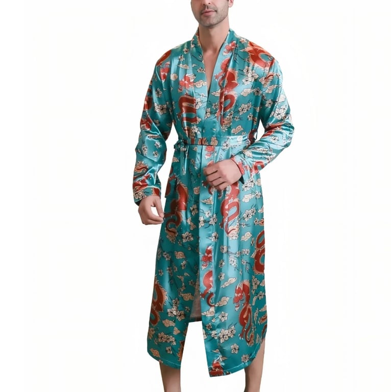 Men's Ice-Silk Dragon Print Long-Sleeve Loungewear Nightgown | Cooling Robe thumbnail 2