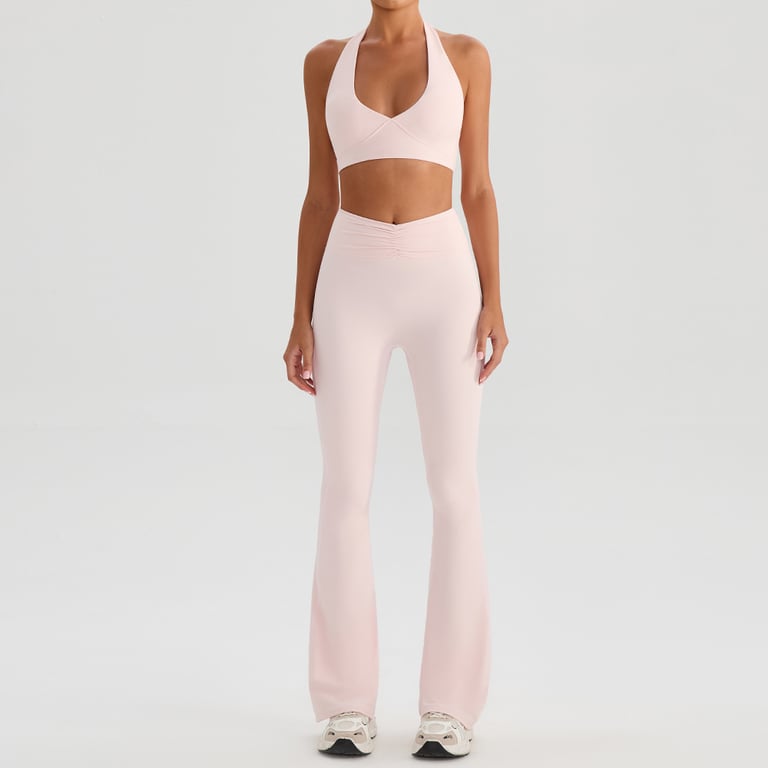 Halter Yoga Sports Bra & Flared Leggings Set | Women's Fitness Outfit thumbnail 4