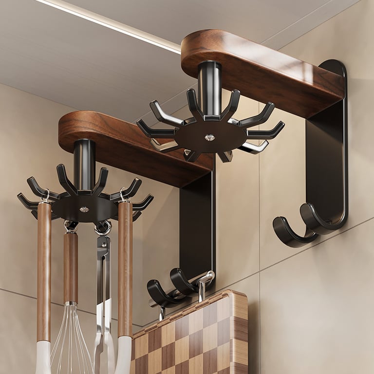 Walnut Wood Swivel Hooks - Modern Kitchen Storage, No Installation thumbnail 1