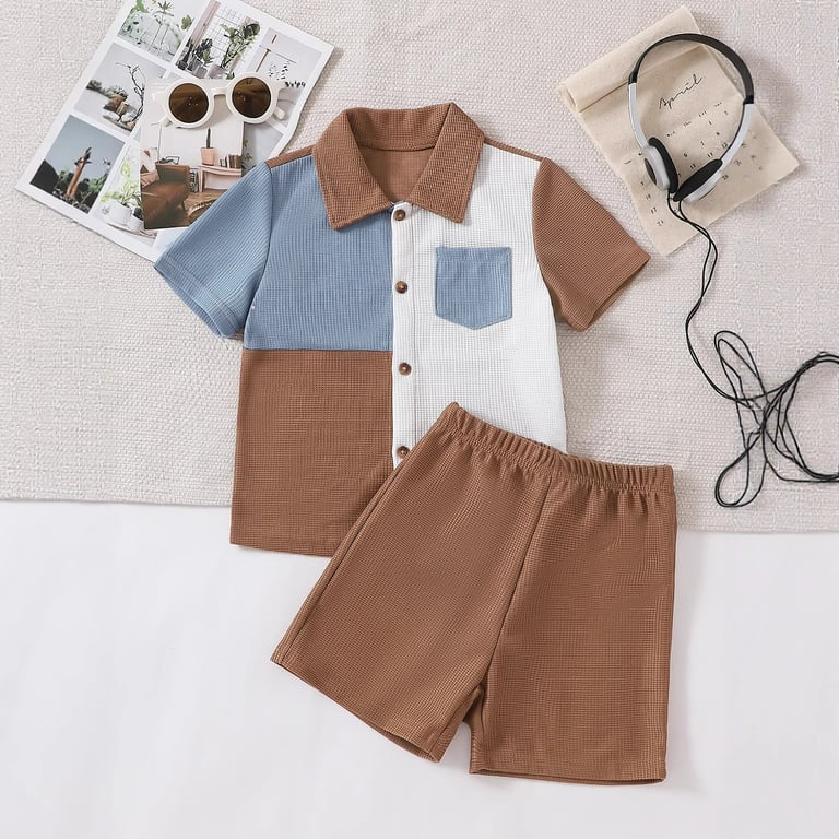 Boys Cartoon Print Waffle Knit T-Shirt & Shorts Set | Trendy