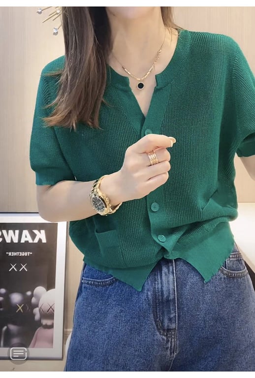 Women's V-Neck Ice-Silk Knitted T-Shirt Top | Breathable Blue Cardigan thumbnail 11