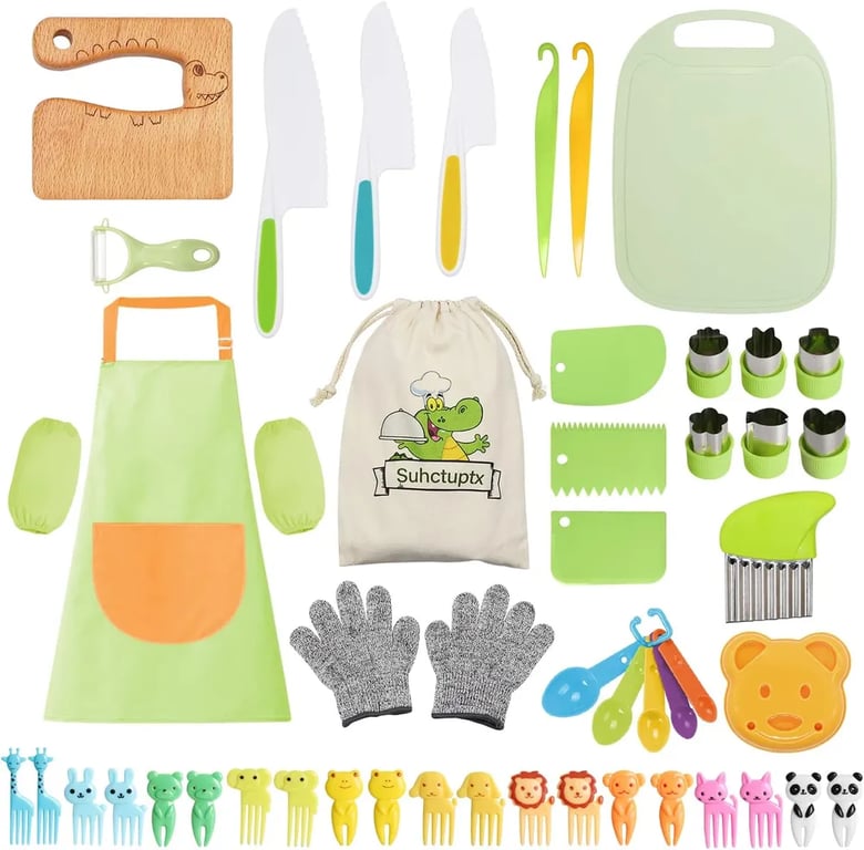 50PCS Kids Kitchen Cooking Set - Crocodile Wooden Kid Safe Knife Cutting Board Apron Gloves Fruit Vegetable Crinkle Cutters Peeler Serrated Edges Plastic Toddlers Knives, Kids Knifes for Real Cooking thumbnail 3