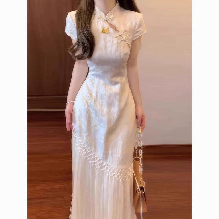 Chinese-Style Cheongsam Dress for Women | Elegant Cream Qipao thumbnail 2