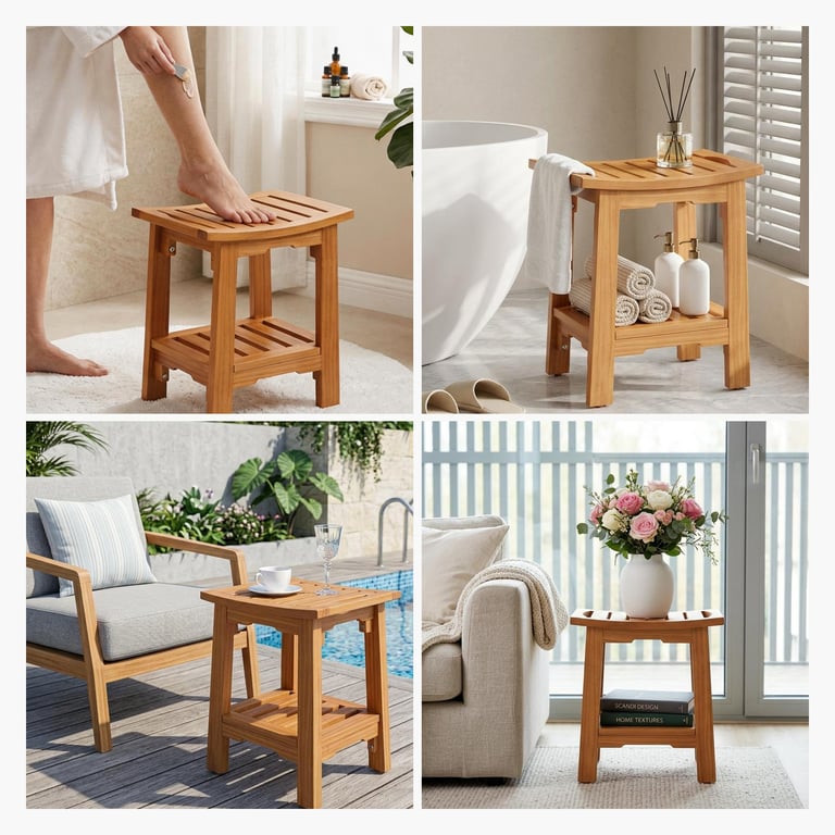 18-Inch Solid Wood Bathroom Stool with Shelf | Shower & Vanity thumbnail 3