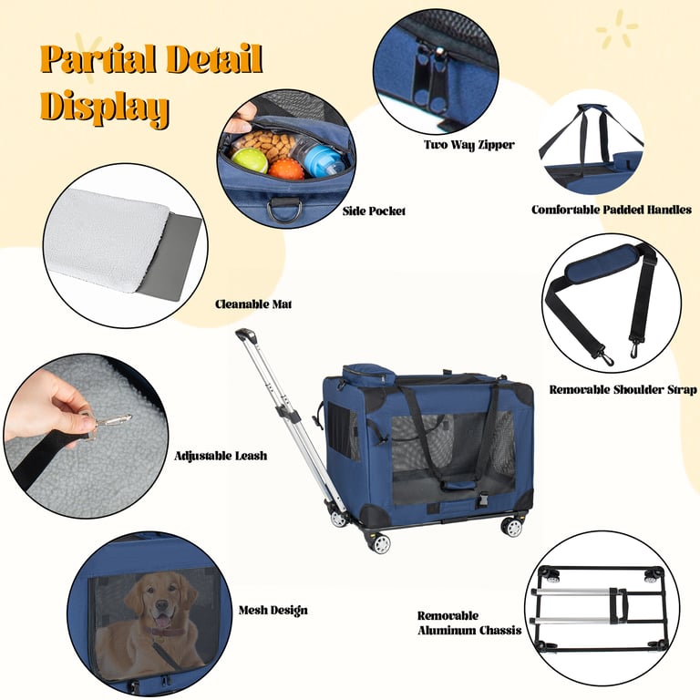2 In 1, 24   Collapsible Travel Dog Crate For Medium Large Dogs, Rolling Pet Carrier With Wheels, 3-Door Portable Folding Pet Kennel With Mesh Windows, Indoor Outdoor Travel Use, Dark Blue thumbnail 9