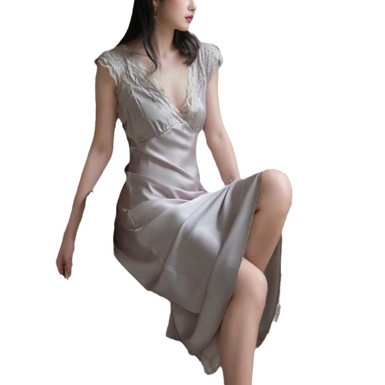 Slim-Fit French-Style Ice-Silk Long Nightgown | Lace Trim thumbnail 1
