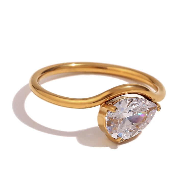 Geometric Zirconia Wave Ring Set | Gold Stainless Steel Band thumbnail 3