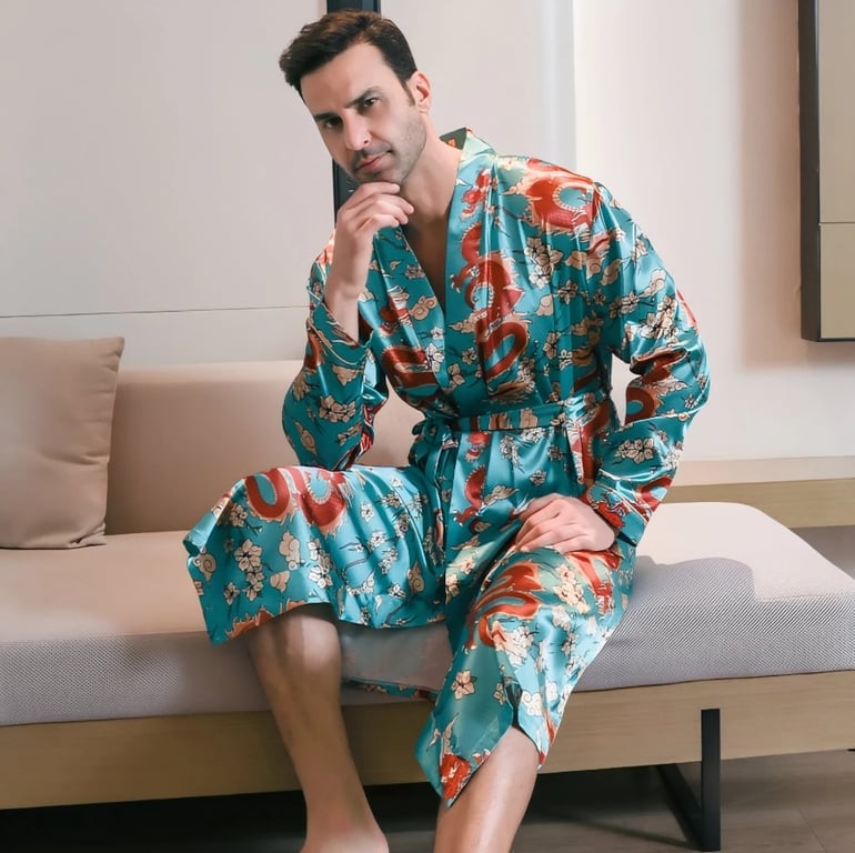 Men's Ice-Silk Dragon Print Long-Sleeve Loungewear Nightgown | Cooling Robe thumbnail 9