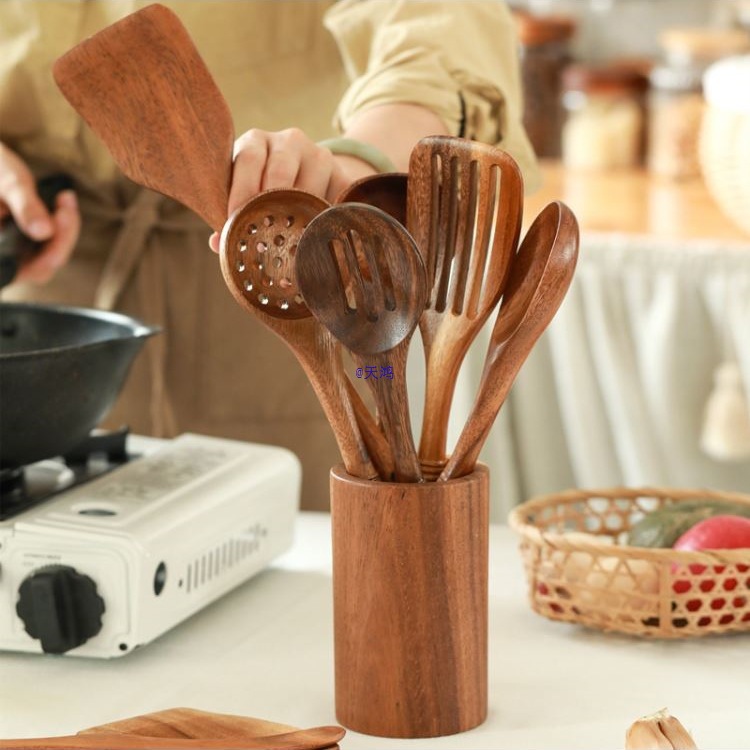 Acacia Wood Cooking Utensil Set with Holder | Natural Kitchen Tools thumbnail 5