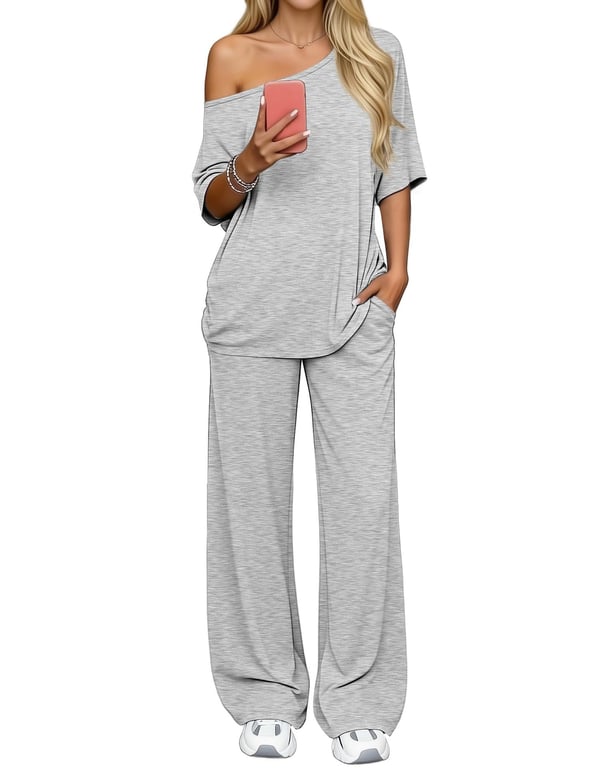 Off-Shoulder Loose Two-Piece Set | Wide-Leg Pants & Casual Top thumbnail 14