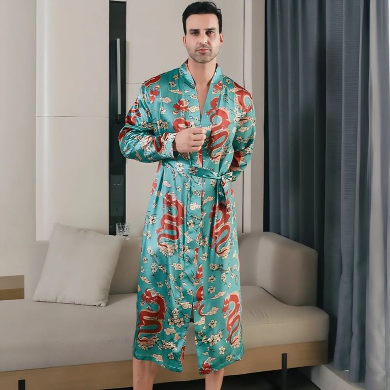 Men's Ice-Silk Dragon Print Long-Sleeve Loungewear Nightgown | Cooling Robe thumbnail 8