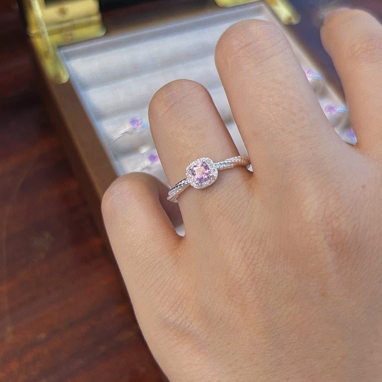 Pink Cushion Cut CZ Sterling Silver Ring | Halo Pave Twisted Band thumbnail 6