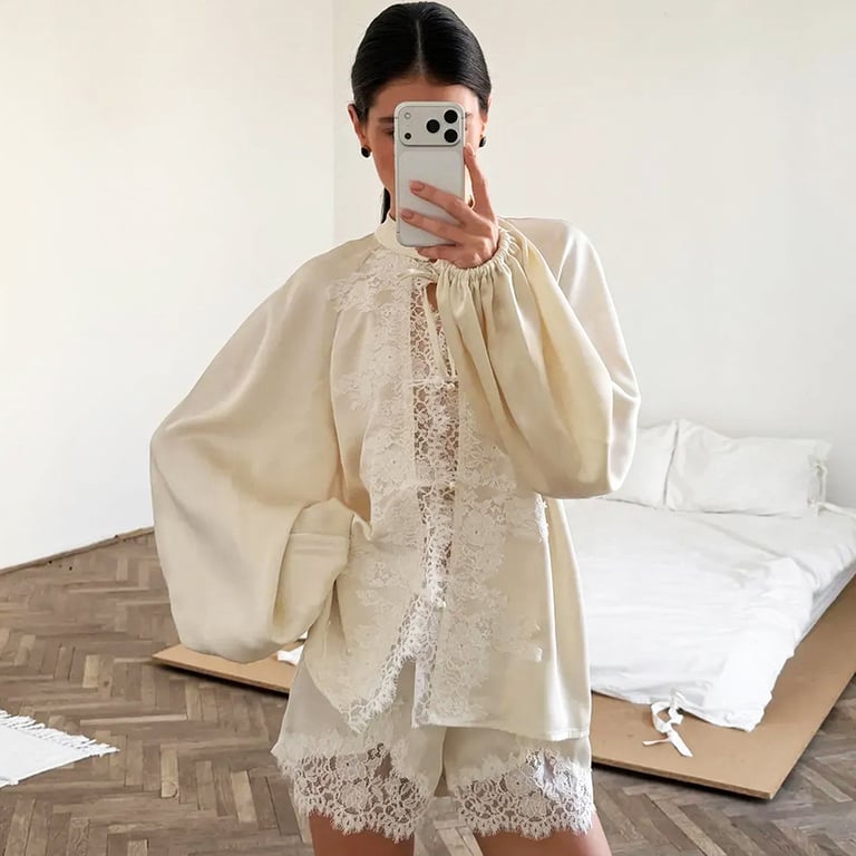 Off-White Ice-Silk Satin Lace-Trimmed Tie-Front Womens Pajama Set thumbnail 6