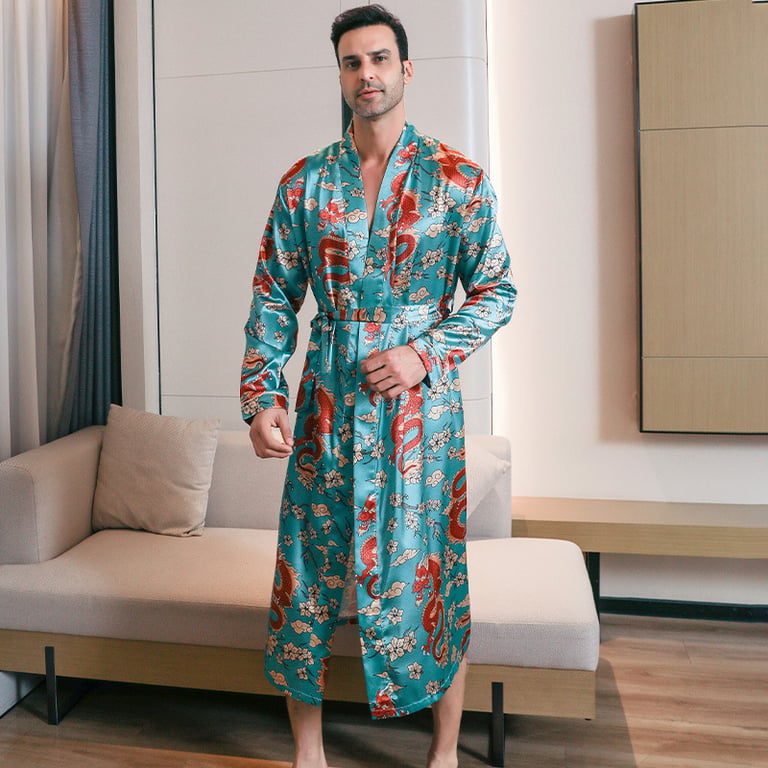 Men's Ice-Silk Dragon Print Long-Sleeve Loungewear Nightgown | Cooling Robe thumbnail 5