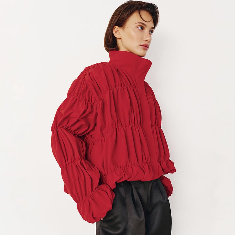 Red Pleated Stand-Collar Coat | Trendy Women's Fashion Top thumbnail 2