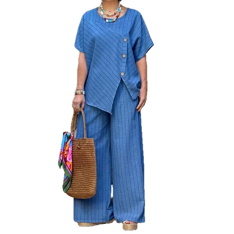 Striped Two-Piece Set | Asymmetrical Shirt & Loose Pants for Women thumbnail 1