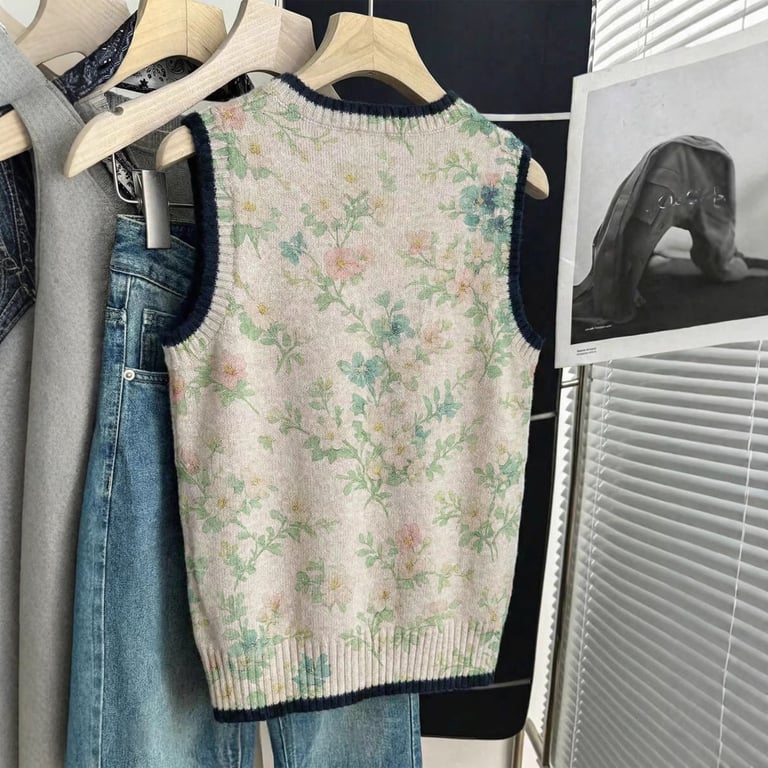 Women's Floral Knitted Vest | Loose-Fitting Sleeveless Sweater thumbnail 3