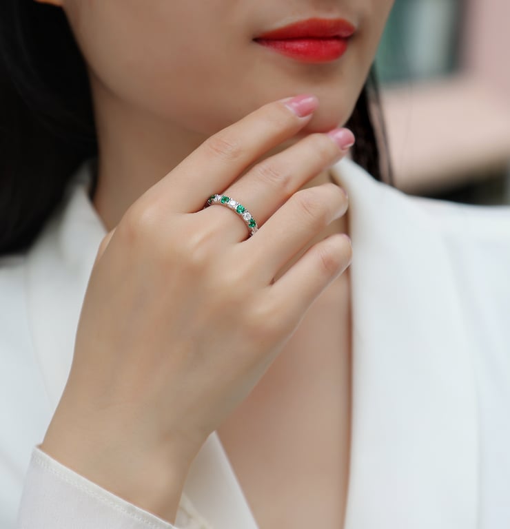 S925 Silver Platinum Eternity Ring | Green & White Gemstone Stackable thumbnail 7