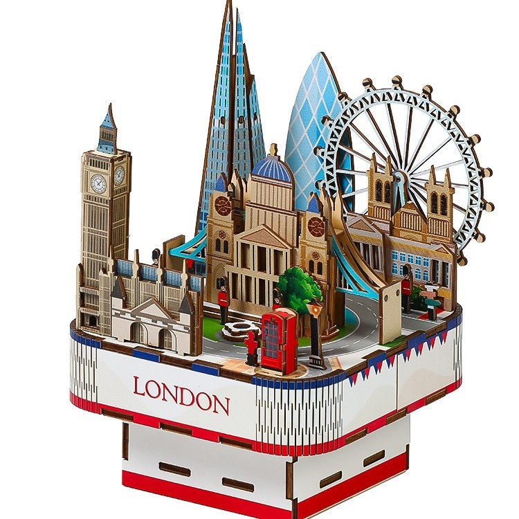 3D Wooden Puzzle Music Box | Handmade City Skyline Model thumbnail 1