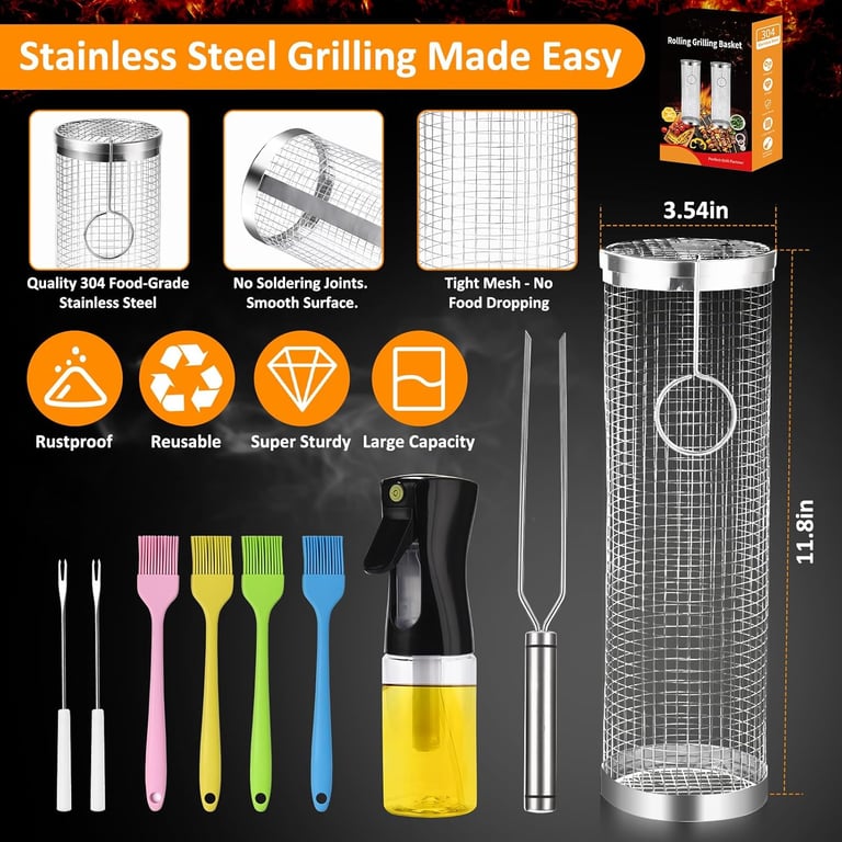 Rolling Grill Basket 304 Stainless Steel | BBQ Grilling Accessories thumbnail 4