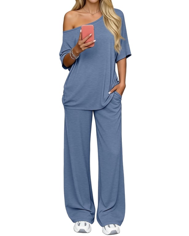 Off-Shoulder Loose Two-Piece Set | Wide-Leg Pants & Casual Top thumbnail 2