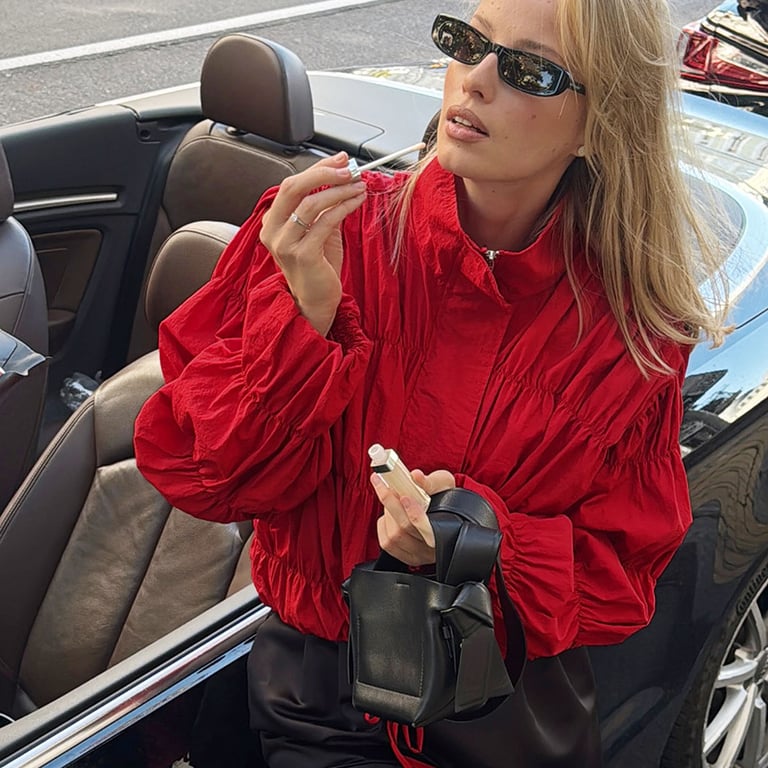 Red Pleated Stand-Collar Coat | Trendy Women's Fashion Top thumbnail 6