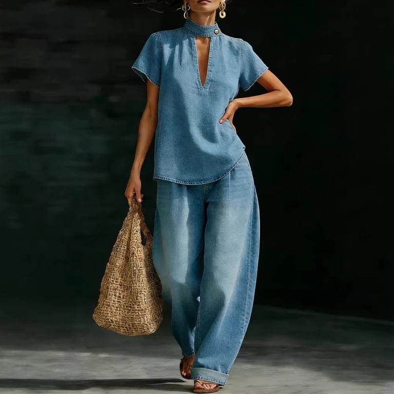 Faux Denim Two-Piece Set | Loose-Fit Top & Wide-Leg Pants