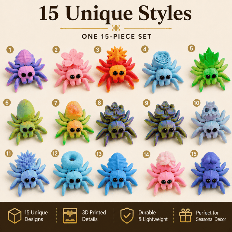 15PCS 3D Printed Mini Spider Figurine Set | Cute Halloween Desk Organizer