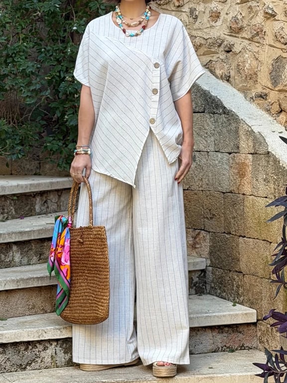 Striped Two-Piece Set | Asymmetrical Shirt & Loose Pants for Women thumbnail 14