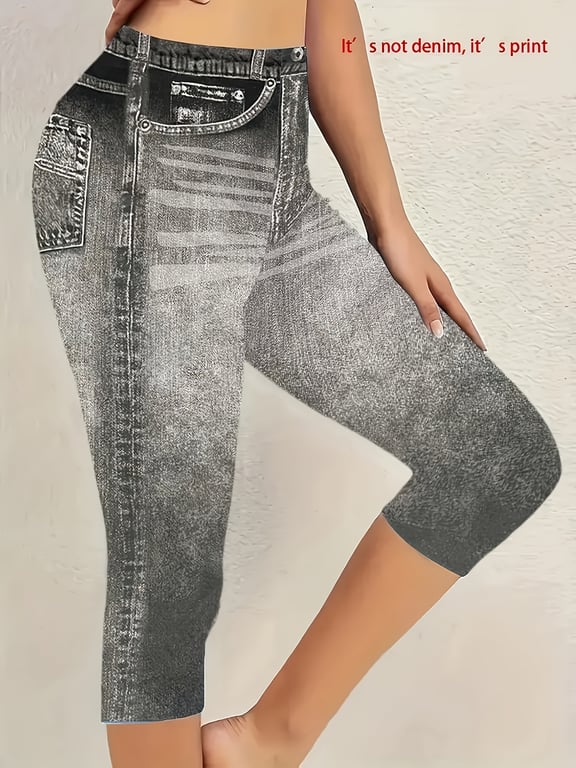 Denim-Look High-Stretch Capri Leggings | Summer High-Waisted Tight-Fit thumbnail 3