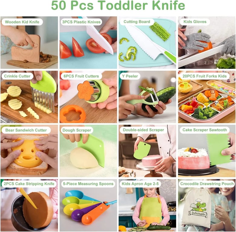50PCS Kids Kitchen Cooking Set - Crocodile Wooden Kid Safe Knife Cutting Board Apron Gloves Fruit Vegetable Crinkle Cutters Peeler Serrated Edges Plastic Toddlers Knives, Kids Knifes for Real Cooking thumbnail 9