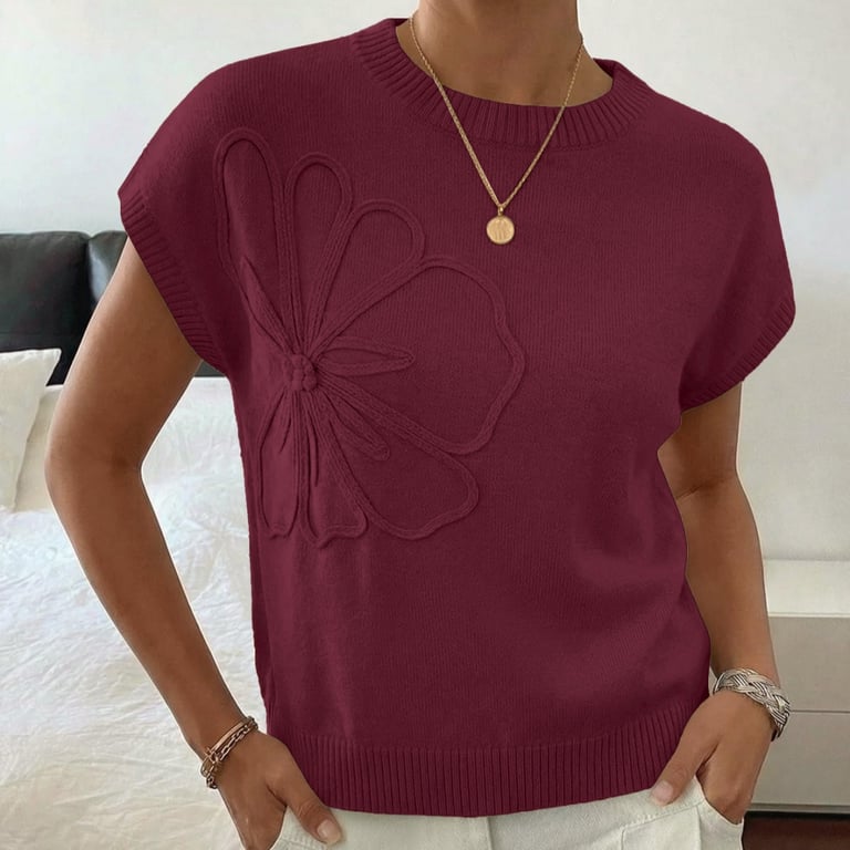 Jacquard Womens Knitted Short-Sleeve Flower Sweater | Soft Casual Top thumbnail 1