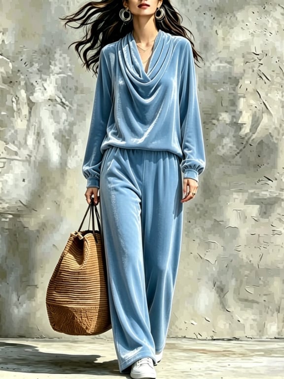 Women's Fall Winter Drop-Shoulder Velvet Top & Straight-Leg Pants Set thumbnail 4