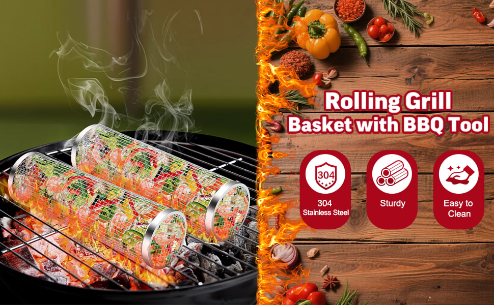 Rolling Grill Basket 304 Stainless Steel | BBQ Grilling Accessories thumbnail 3
