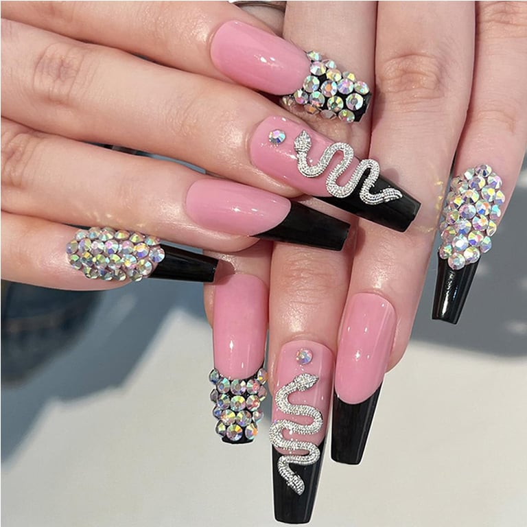 24 PCS Diamond Snake Coffin Press-On Nails | Rhinestone Nail Art thumbnail 2