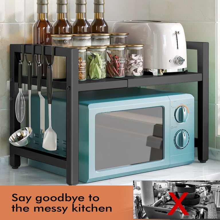 Black Extendable Kitchen Storage Rack with 6 Hooks | Home & Kitchen thumbnail 9