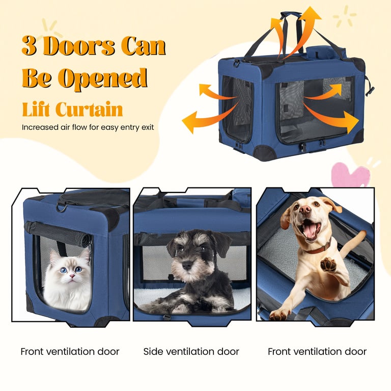 32   Soft Dog Crates Kennel, 3-Door Portable Folding Pet Carrier With Mesh Windows, Straps And Fleece Mat For Dogs, Cats, Rabbits, Meeting The Needs For Indoor, Outdoor, And Travel Use, Dark Blue thumbnail 9