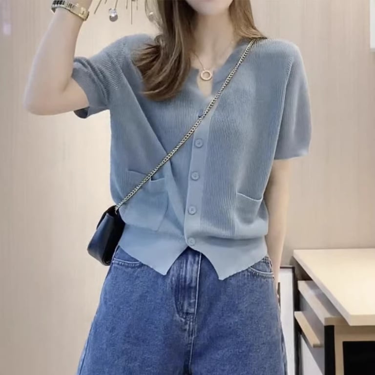 Women's V-Neck Ice-Silk Knitted T-Shirt Top | Breathable Blue Cardigan thumbnail 3