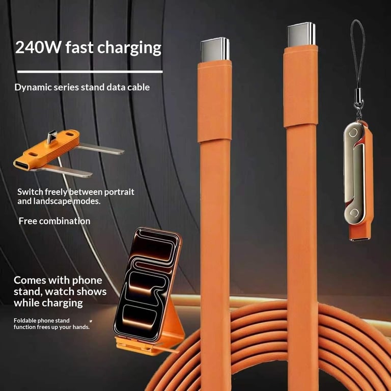 240W Dual Type-C Silicone Charging Cable with Foldable Phone Stand