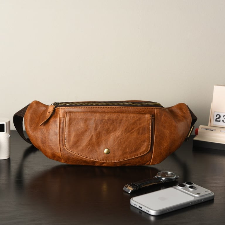 Retro Casual Vegetable Tanned Full-grain Leather Cowhide Chest Bag | Home & Kitchen thumbnail 17