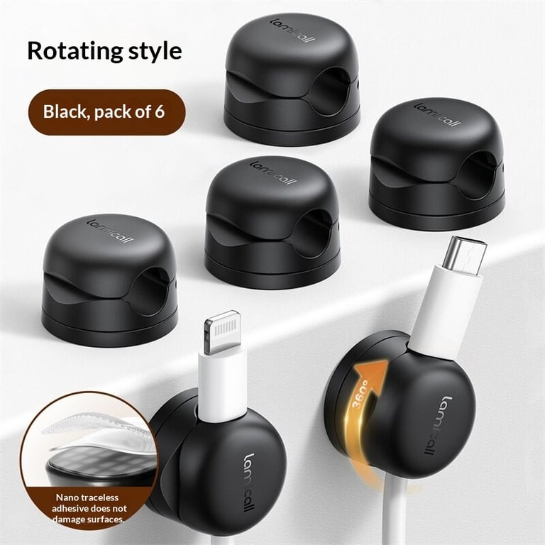 Cable Organizer Desktop Data Cable Holder | 360° Rotating | 6-Pack thumbnail 1