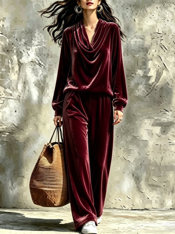 Women's Fall Winter Drop-Shoulder Velvet Top & Straight-Leg Pants Set thumbnail 8