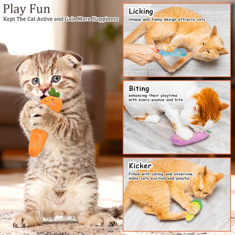Catnip Cat Toys 5-Pack | Plush Vegetable Kicker Toys for Indoor Cats thumbnail 3