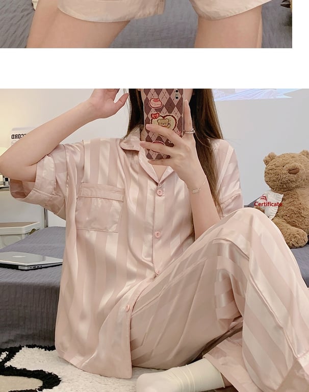 Women's Summer Ice Silk Pajama Set 3-Piece Short-Sleeve | Captain Fam thumbnail 3