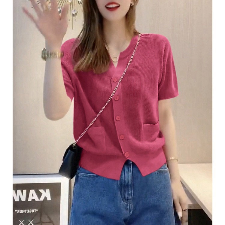 Women's V-Neck Ice-Silk Knitted T-Shirt Top | Breathable Blue Cardigan thumbnail 19